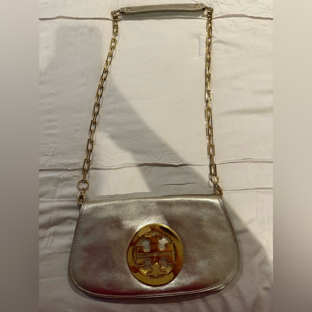 Tory Burch Gold Leather Reva Chain Clutch
